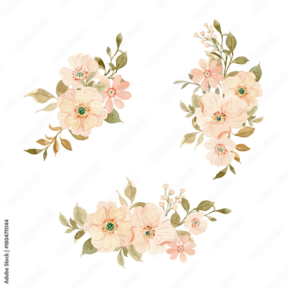 Naklejka premium Watercolor peach flower bouquet collection