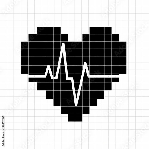 Pixelated Black Heart with Heartbeat Line Digital Illustration for Healthcare and Wellness