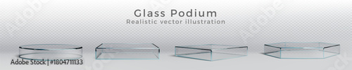 Glass podium. 3d stand platform, pedestal or product stage, transparent round base. Crystal ice display. Clear cube cylinder acrylic forms isolated elements. Vector minimal background