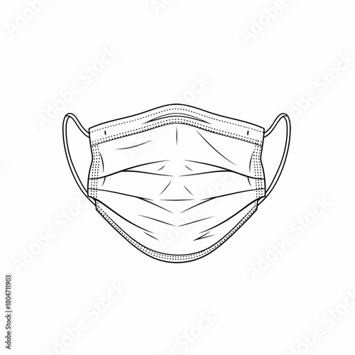 Line Art Illustration of a Surgical Face Mask with Pleats and Ear Loops on White Background
