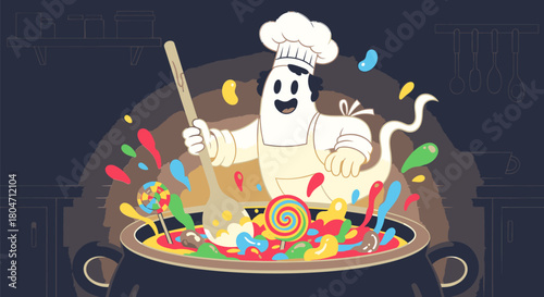 Cartoon Chef Ghost Stirring a Cauldron of Colorful Candy.