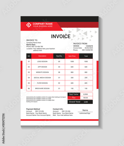 Clean professional invoice template for business finance billing