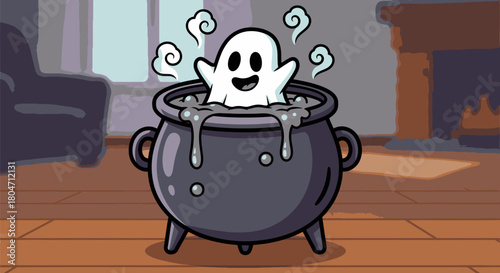 Cartoon Ghost Emerging from a Bubbling Cauldron.