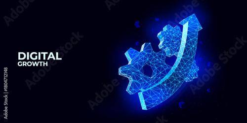 3d gear background. Digital growth banner. Arrow development. Engine motor poly cog wheels. Cogwheel technology. Wireframe polygon glow mechanism. Work organization. Vector background