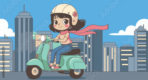 Cartoon Girl Riding Scooter with Helmet and Scarf in City.