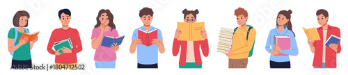 Book readers. Young woman student, man people person in library enjoying literature. Standing cute couple, knowledge and education studying group. Vector cartoon flat style isolated set