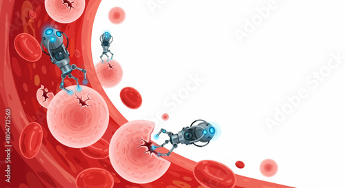 Futuristic medical nanobots working on red blood cells inside a human artery vector illustration