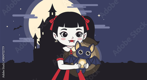 Charming Vampire Girl with Bat Companion in Spooky Halloween Setting.