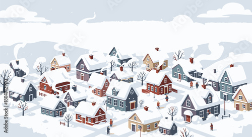 Winter Village Scene with SnowCovered Houses and Bare Trees.