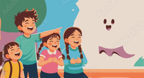 Children Laughing at a Funny Drawing on the Wall.