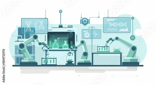 Futuristic automated laboratory with robotic arms conducting scientific research and DNA analysis