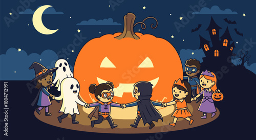 Halloween Celebration Children Dancing Around a Giant Pumpkin.