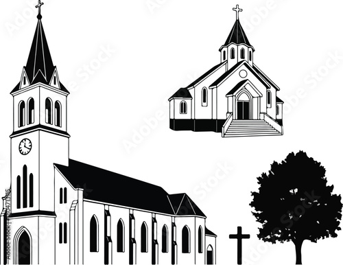 Detailed black and white illustration of various church buildings and religious symbols.