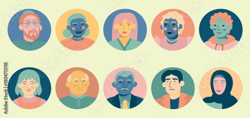 People avatar. Person doodle face, abstract diverse young human or modern art teenager head in round form, cute and unique men and women, user profile. Vector cartoon isolated account icons