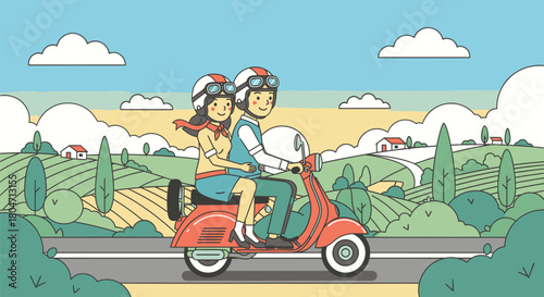 Couple Riding a Scooter Through the Countryside.