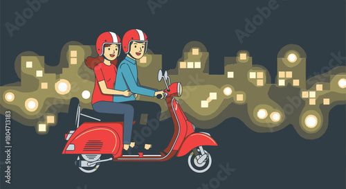 Couple Riding Red Scooter Through City at Night with Helmet.