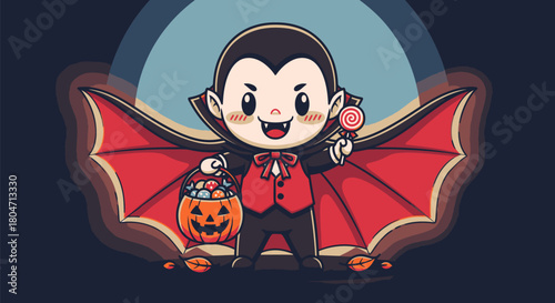 Cute Cartoon Vampire with Candy and Pumpkin Bucket.