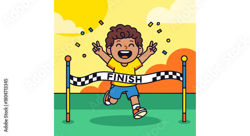 Joyful Boy Crossing Finish Line in Cartoon Style.