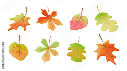 3d autumn leaves. Fallen maple leaf, yellow oak and green forest chestnut fall foliage october icon or september season render isolated shapes. Minimal realistic gradient. Vector icons set