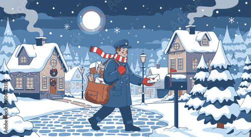 Mailman Delivering Letters in Winter Scene.