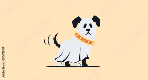 Dog dressed as a ghost with a collar tail wagging.
