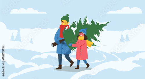 Father and Daughter Carrying Christmas Tree Through Snowy Landscape.