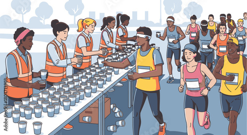 Marathon Runners Receiving Water from Volunteers at Aid Station.
