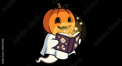 Ghostly Pumpkin Reading a Spellbook with Magical Light.
