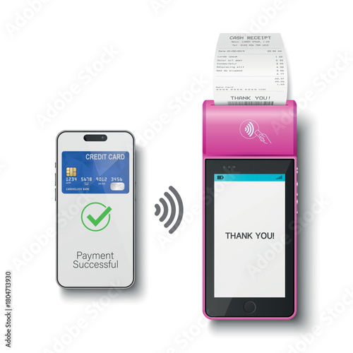 Vector 3d Realistic NFC Payment Terminal with Smartphone Closeup. Approved Payment and Successful Transaction. Contactless Payment Machine Template, Bank Card Transaction POS Terminal