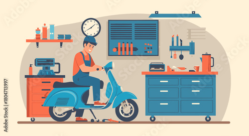 Mechanic on Scooter in Workshop.