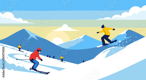 People enjoying winter sports on snowy mountain slopes.