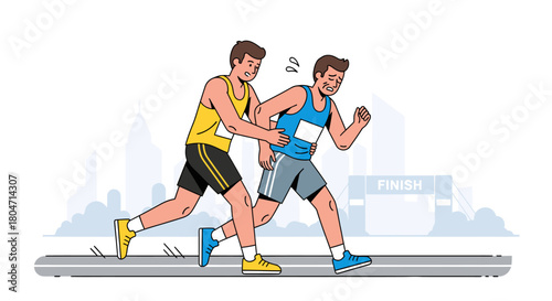 Runner Helping Exhausted Teammate Finish Race Sportsmanship and Teamwork.