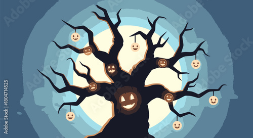 Spooky Halloween Tree with Glowing Pumpkin Faces.
