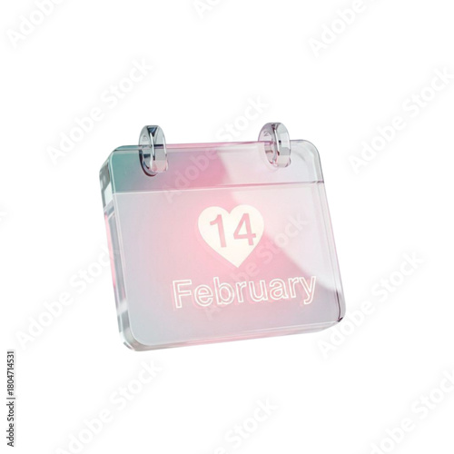 Glossy Glass Calendar Icon with Glowing Heart on 14 February - 3D Minimalist Reminder for Valentine's Day