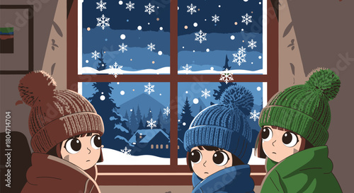 Three Children Gazing at Winter Snowfall Through Window.
