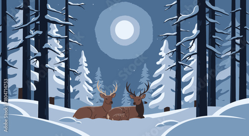 Two Deer Resting in a Snowy Winter Forest Under Moonlight.