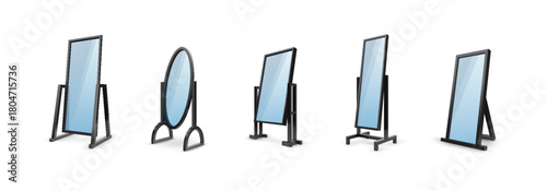 3d mirror. Isometric floor stand. Dressing room frame for modern bedroom. Oval and rectangular border with reflective glass surface. Furnishing element. Isolated furniture vector set
