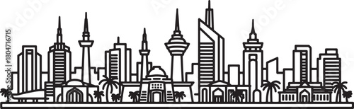 Kuwait city skyline vector linear illustration with famous building landmarks