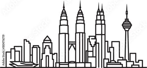 Kuala lumpur skyline vector linear illustration with famous building landmarks