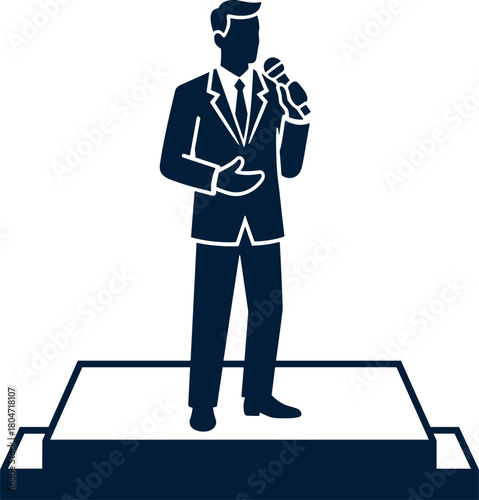 A man in a suit holding a microphone on a stage CEO giving keynote speech silhouette