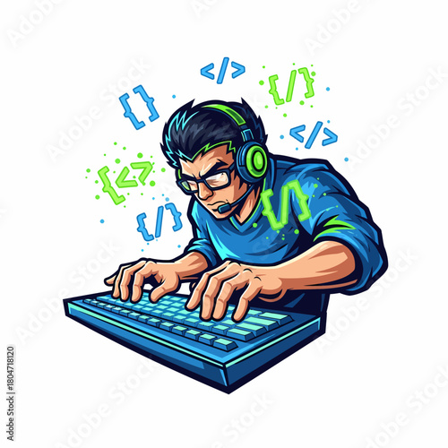 Cartoon illustration coder typing concentrated on keyboard working diligently