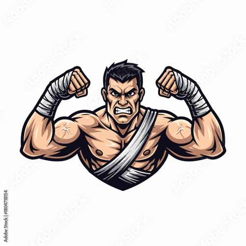 Cartoon illustration of a muscular fighter with bandages flexing biceps