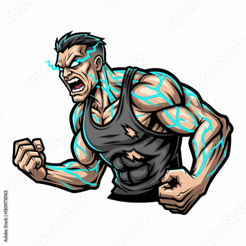 Cartoon illustration of an angry superhero with electric powers muscular man