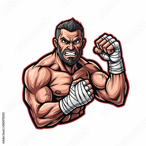Cartoon muscular fighter aggressive stance ready for combat match vector