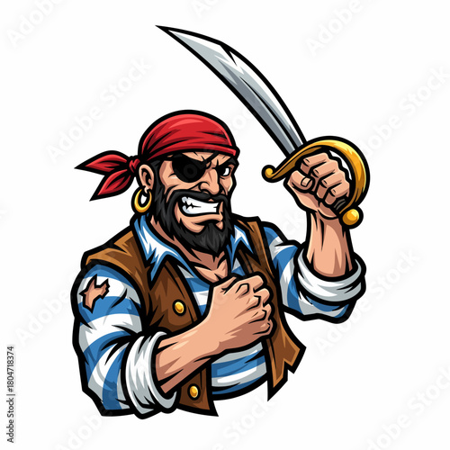 Cartoon pirate with sword illustration vector bandit holding saber