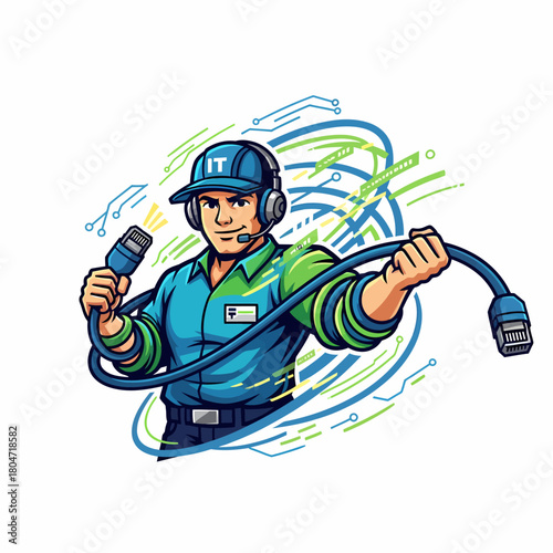 Cartoon technician holding ethernet cable network connection troubleshooting computer service