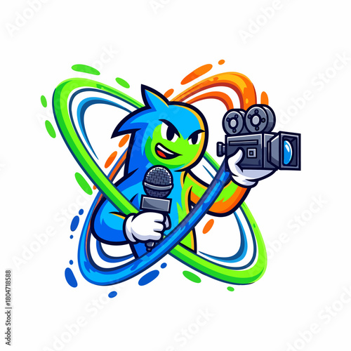 Cartoon vector blue news anchor reports with microphone and camera