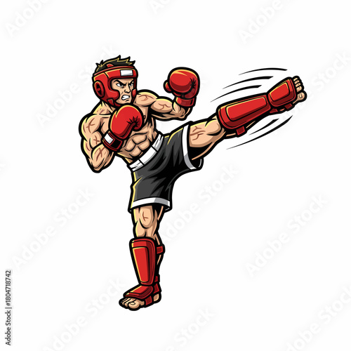 Cartoon vector martial artist delivering powerful sidekick technique in fight