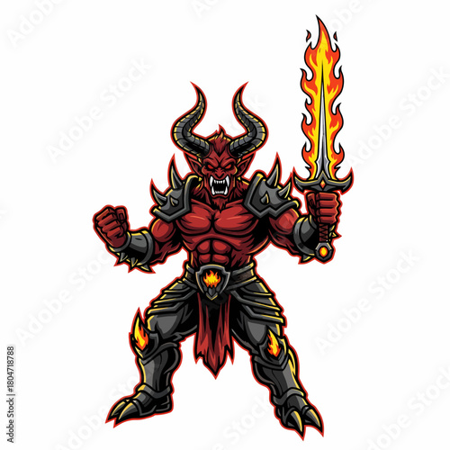 Cartoon vector red demon warrior holding flaming sword bravely prepares attack