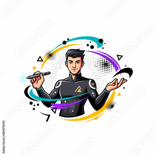 Illustration artist designer with digital pen and creative energy swirls